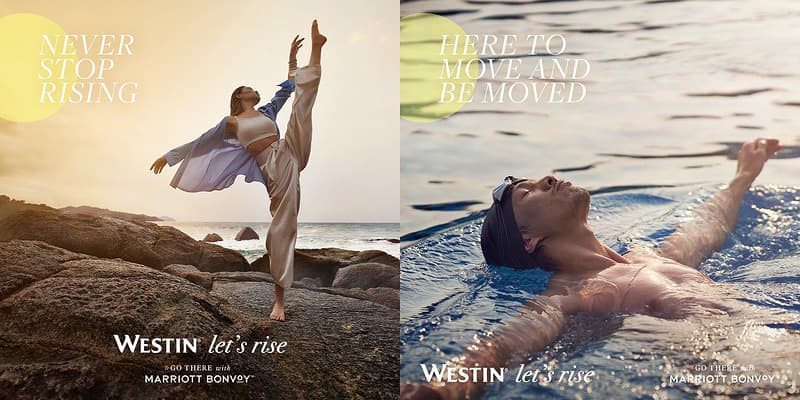 Westin Hotels advertising campaign diptych with dancer on rocks and swimmer at resort by Una Zhu