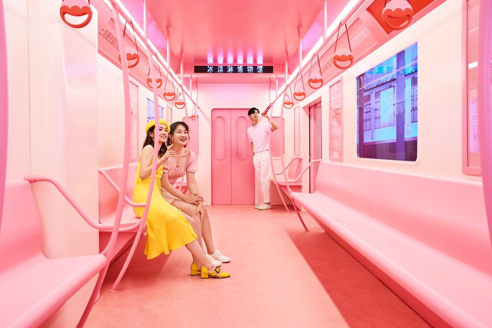 Museum of Ice Cream lifestyle campaign with models in pink subway train set in Shanghai by Una Zhu