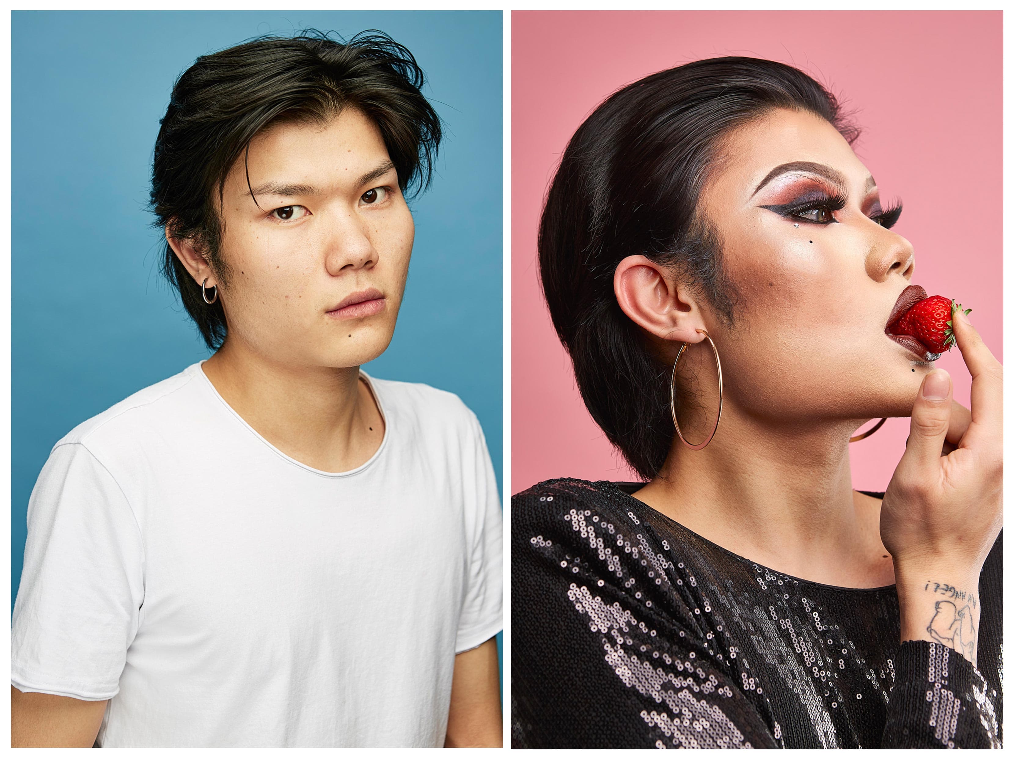 Drag portrait diptych of performer in white tee on blue and sequin glam with strawberry on pink by Una Zhu