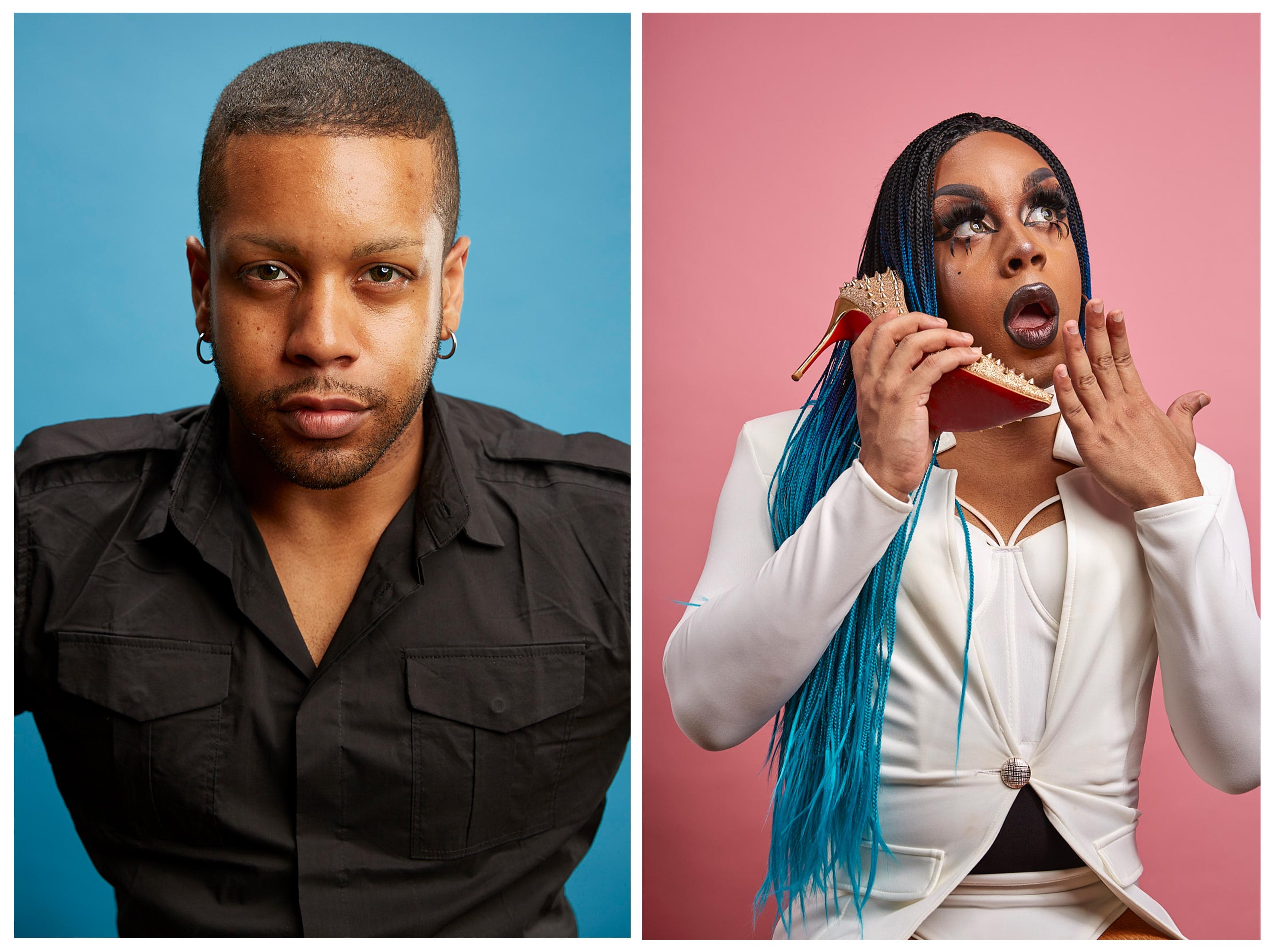 Drag portrait diptych of performer in black shirt on blue and blue-braided wig with stiletto on pink by Una Zhu