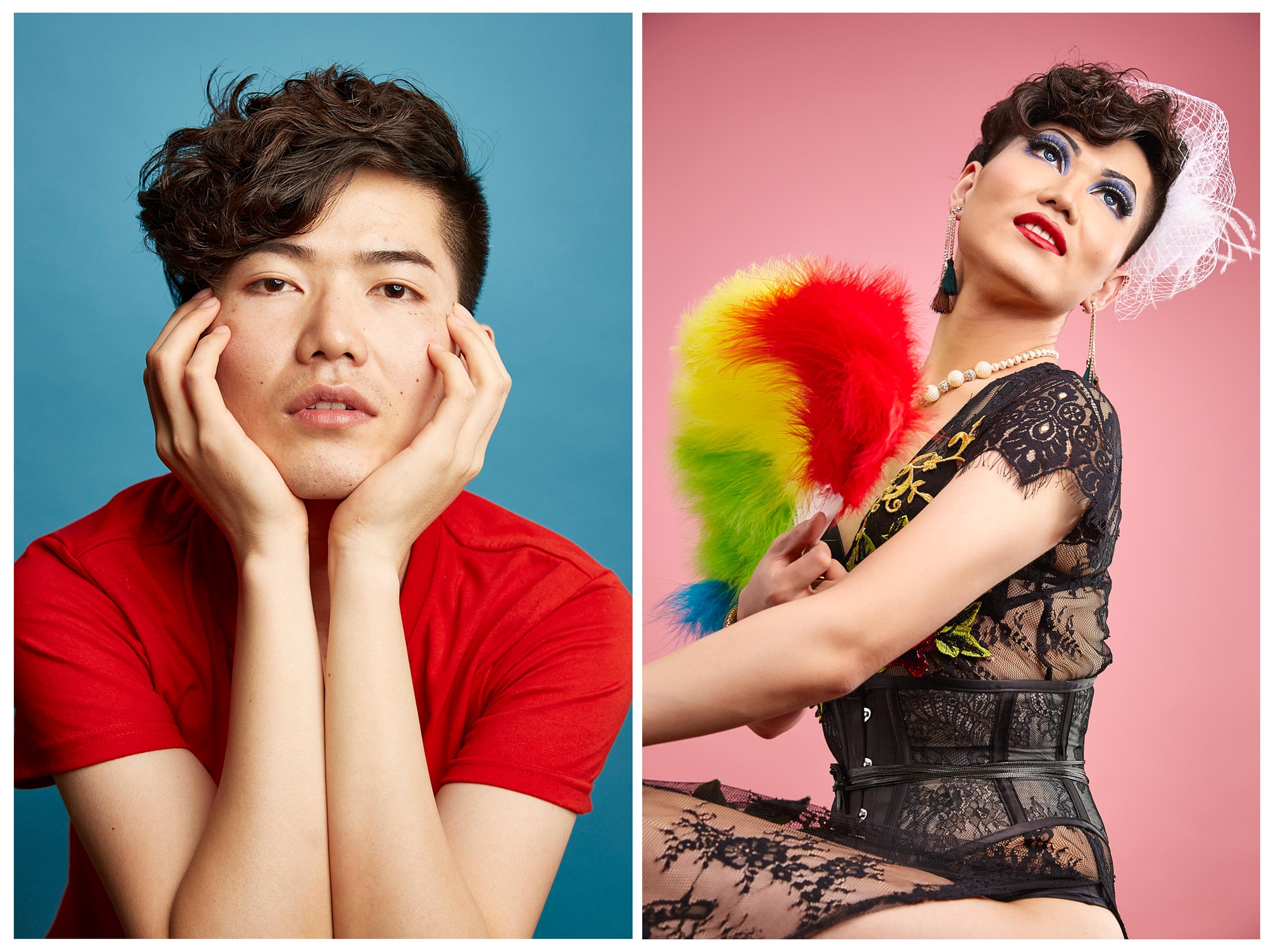 Drag portrait diptych of performer in red tee on blue and burlesque look with rainbow feather duster on pink by Una Zhu