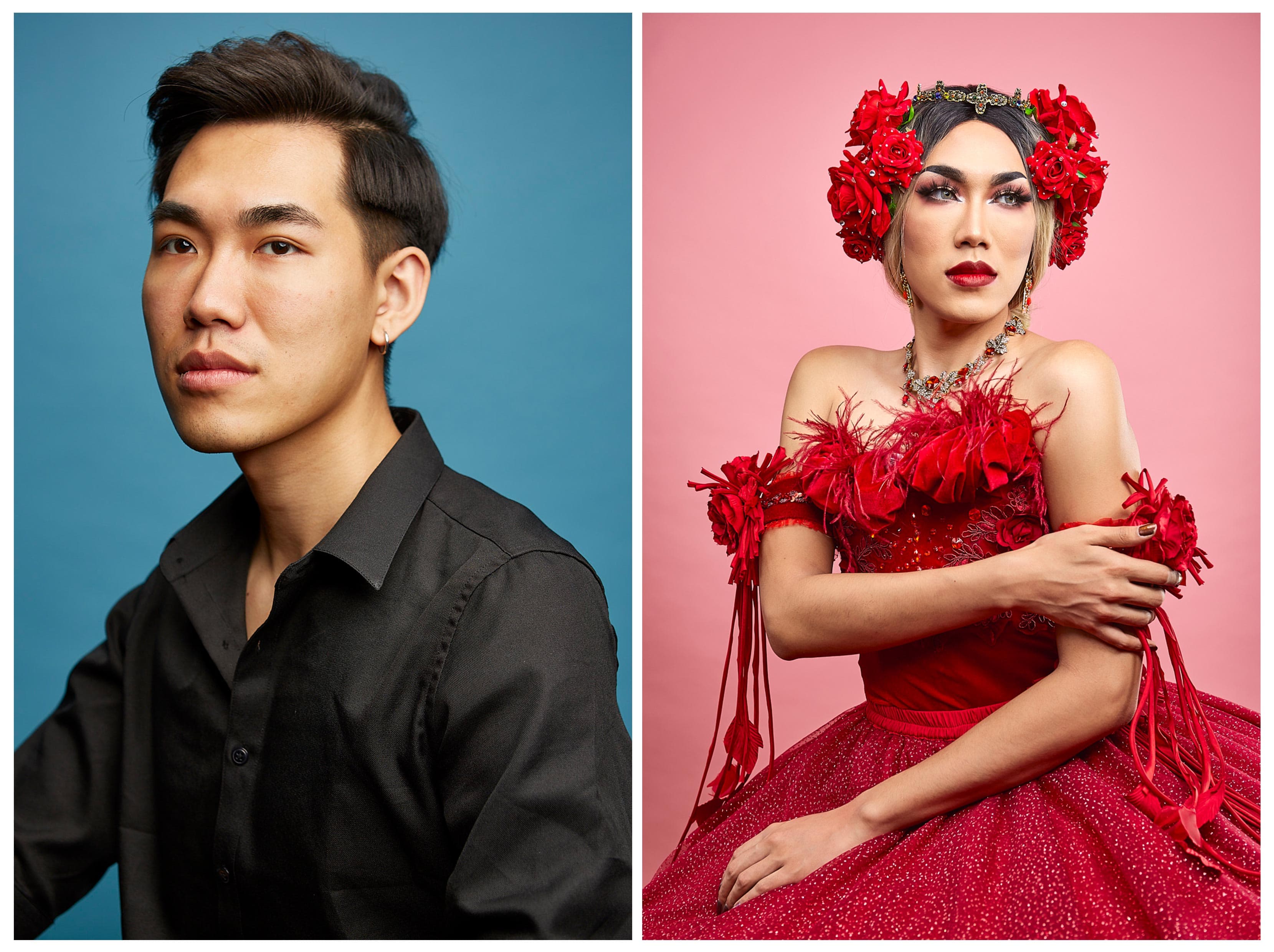 Drag portrait diptych of performer in black shirt on blue and red floral gown with flower crown on pink by Una Zhu