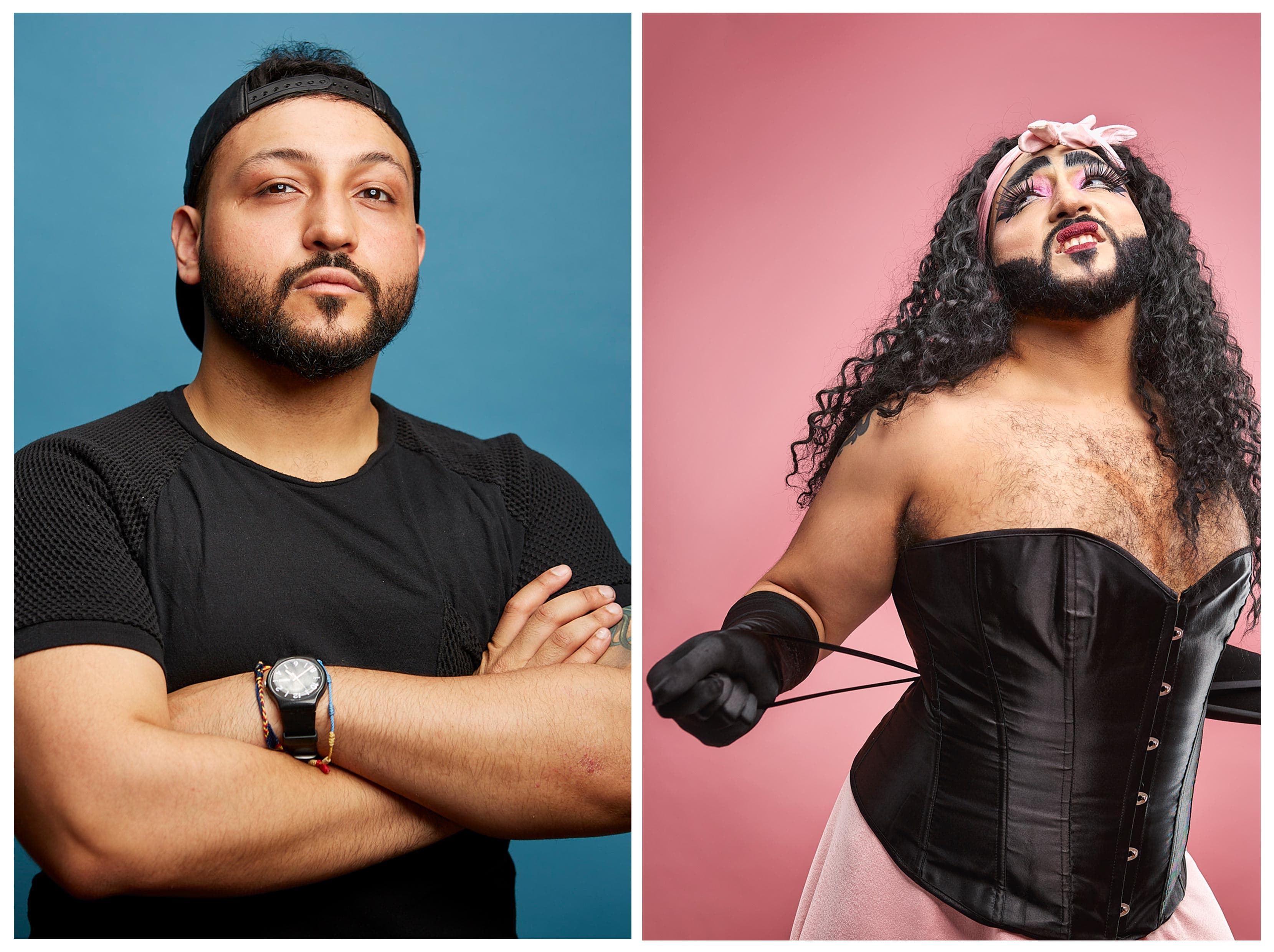 Drag portrait diptych of bearded performer arms crossed on blue and corset with curly wig on pink by Una Zhu